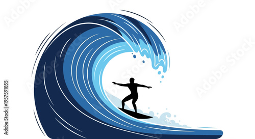 Surfer riding a massive ocean wave, dynamic action shot, silhouette against blue water