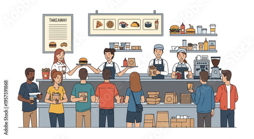 Diverse customers queuing at a busy fast food counter with smiling staff serving burgers and sushi.