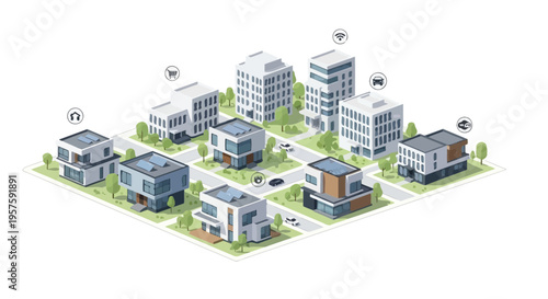 Smart City Isometric Buildings with Connected Technology Icons