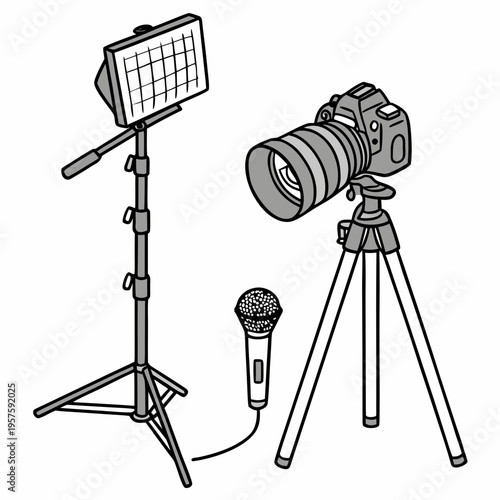 A camera, a softbox light and a microphone