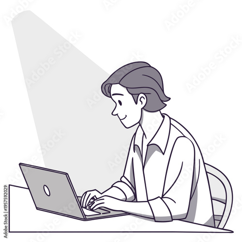 A woman is working on her laptop with a pleased expression