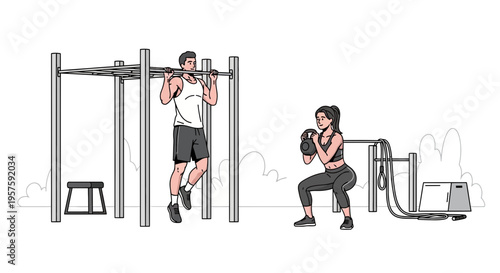 Man doing pull-ups, woman doing kettlebell squats at outdoor gym