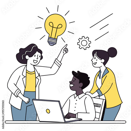 Three people having an idea while working on a laptop