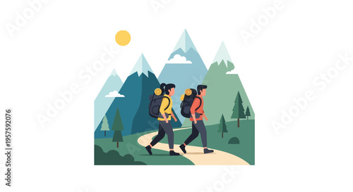 Hikers with backpacks walking on a mountain trail under a sunny sky