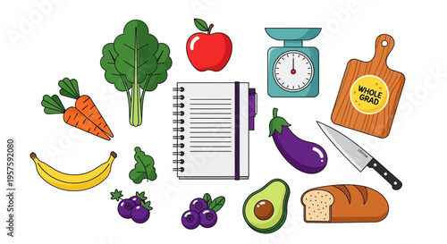 Healthy food flat lay with notebook, scale, and cutting board