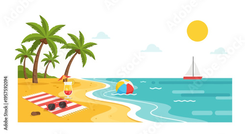 Tropical Beach Vacation Scene with Palm Trees, Beach Towel, and Sailboat