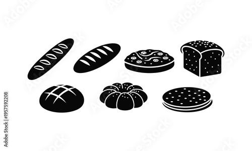Assorted black and white illustrations of different types of bread and baked goods