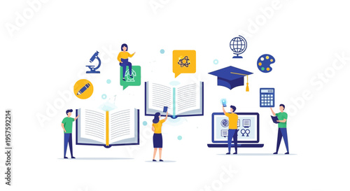 Online Education and E-learning Concept with Diverse Students and Learning Icons