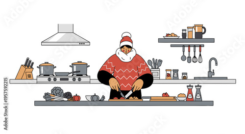 Cozy person in winter hat cooking in a modern kitchen, chopping ingredients