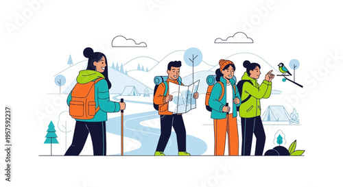 Diverse hikers exploring nature, mountains, camping, adventure, teamwork, journey