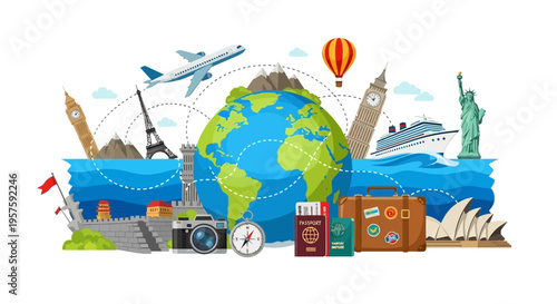 Global Travel and Tourism Concept: World Landmarks, Transportation, and Adventure