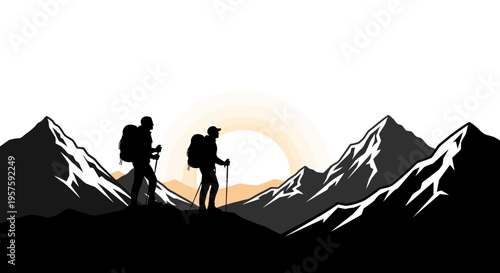 Silhouette hikers with backpacks trekking on mountain ridge at sunset, adventure travel