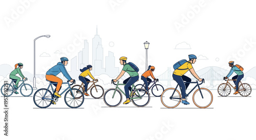 Diverse group of people cycling together in a city, urban commute and lifestyle