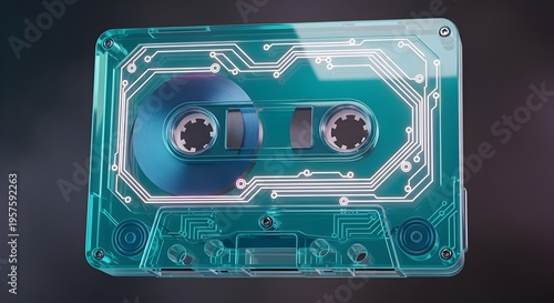 Futuristic Translucent Cyan Audio Cassette with Glowing Circuit Board Patterns