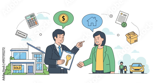 Real Estate Agent Selling House to Woman with Family and Car Icons