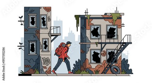 Man with backpack walks past dilapidated buildings in urban decay setting.