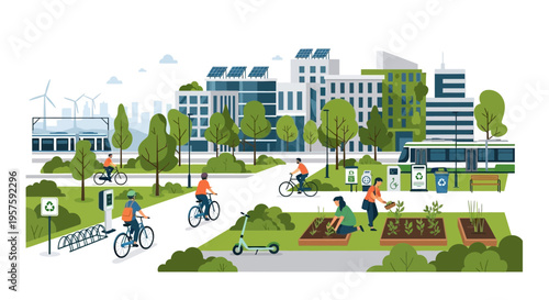 Sustainable urban landscape with eco-friendly transport, solar panels, and community garden.