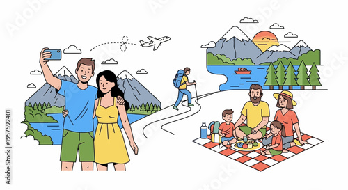 Happy couple taking selfie on vacation, family picnic in mountains, travel illustration