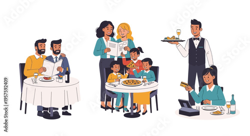 Diverse people enjoying meals and dining out at a restaurant, illustration set