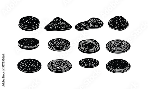 Abstract patterns on irregularly shaped black and white celestial bodies