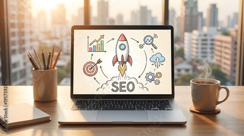 Search Engine Optimization Concept with Rocket Icon and Marketing Analytics
