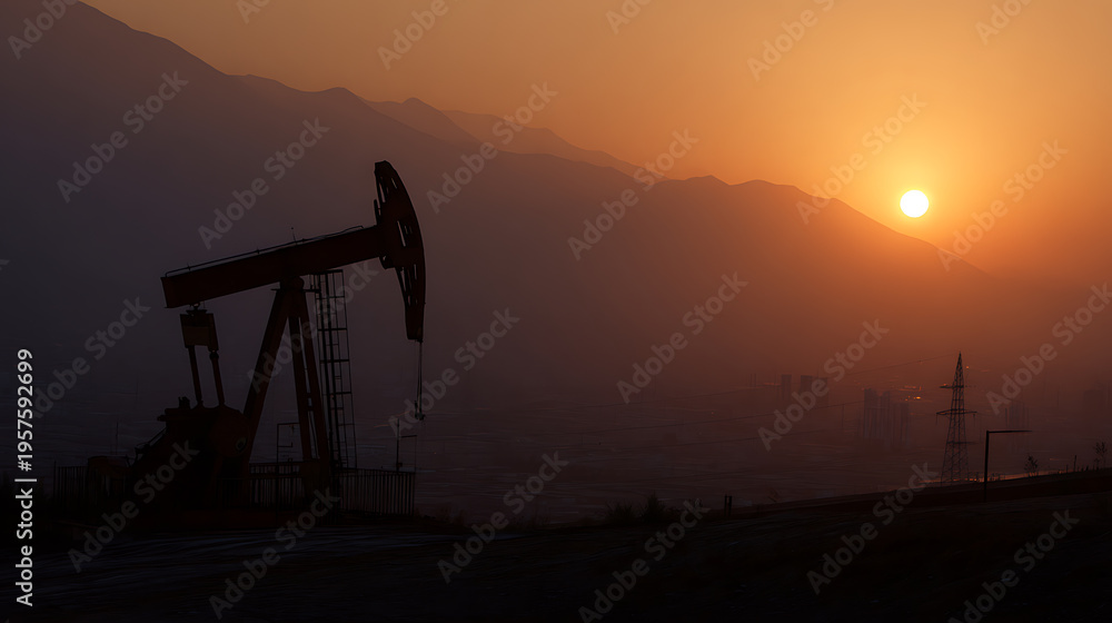 Naklejka premium Silhouette of Crude Oil Pump Jack at Golden Sunset with Majestic Mountain Backdrop and Atmospheric Haze, Emphasizing Energy Production Landscape