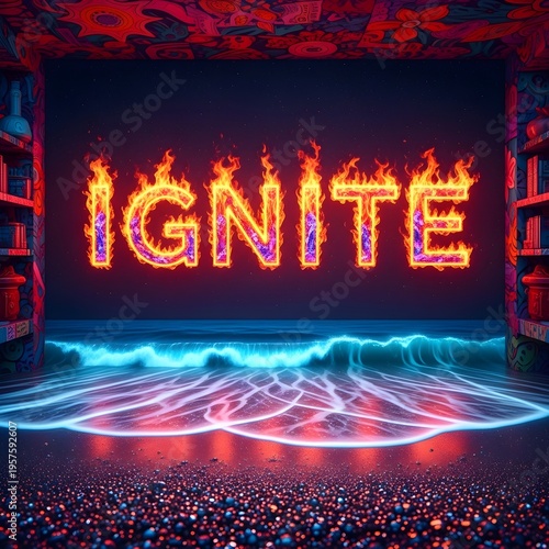 Flaming Ignite Text over Bioluminescent Ocean at Night