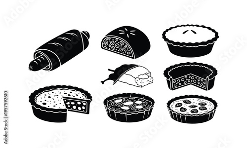Assorted baked goods and pastry illustrations in a minimalist style