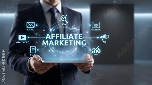 Professional Man Working with Digital Affiliate Marketing Icons on Tablet