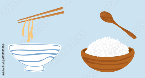 Asian food illustration set with rice bowl, noodles, chopsticks and wooden spoon for menu, restaurant branding, food icon and packaging design.
