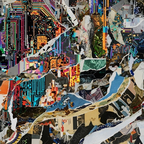 Abstract Digital Glitch Collage with Torn Paper and Circuit Patterns
