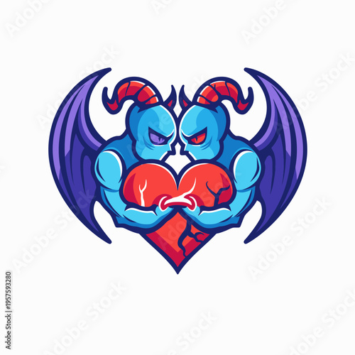 Stylized illustration of two demons embracing a red heart against white