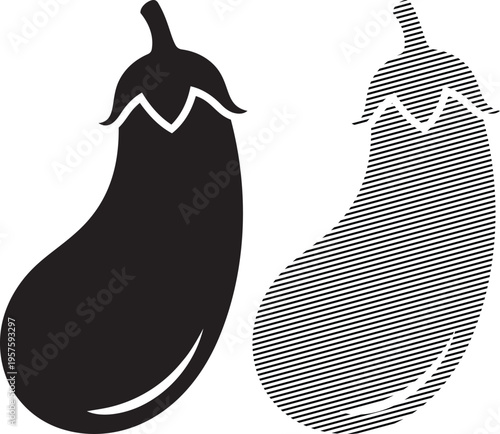 Black and textured graphic representation of an eggplant with a stem