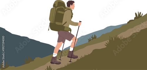 Hiker with large backpack ascends a steep mountain trail using trekking.
