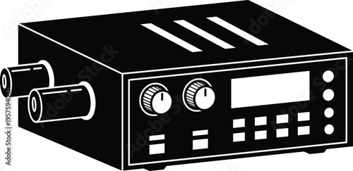 Black-and-white vector illustration of laboratory power supply or signal generator with knobs, display, buttons, and connectors for electronics design.