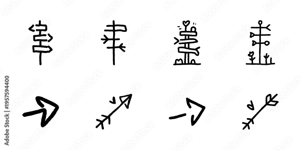 Fototapeta premium Directional Arrows And Signposts In Hand Drawn Style Set. Navigation, Guidance, And Decision-Making Doodle Sketch Collection. Pathfinding Symbols. Isolated Vector Illustration
