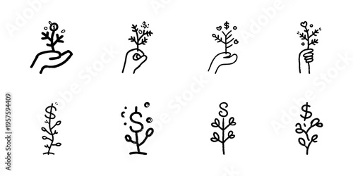 Hand Holding Money Tree Icons In Hand Drawn Style Set. Financial Growth, Investment, Wealth Management Doodle Sketch Collection. Economic Prosperity Symbols. Isolated Vector Illustration