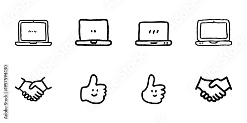 Laptops And Hand Gestures In Hand Drawn Style Set. Digital Communication, Online Interaction, Virtual Agreement Doodle Sketch Collection. Business And Social Media Icons. Isolated Vector Illustration