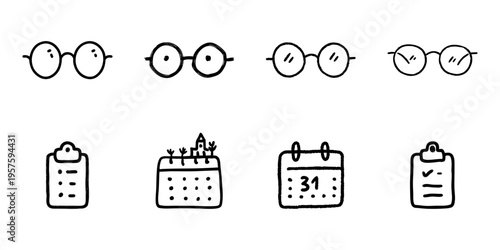 Round Glasses And Office Supplies In Hand Drawn Style Set. Vision, Planning, And Organization Doodle Sketch Collection. Eyewear And Stationery Icons. Isolated Vector Illustration