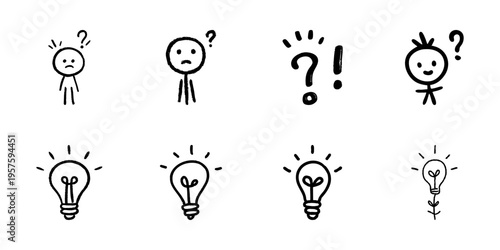 Question And Idea Icons In Hand Drawn Style Set. Curiosity, Problem Solving, Innovation, And Creativity Doodle Sketch Collection. Conceptual Thinking. Isolated Vector Illustration