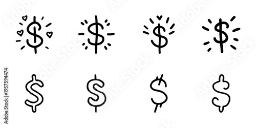 Dollar Sign Icons In Hand Drawn Style Set. Financial Growth, Wealth, Currency Symbol Doodle Sketch Collection. Money And Economy Representation. Isolated Vector Illustration