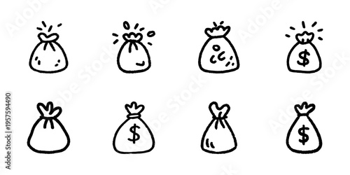 Money Bags Icon Set In Hand Drawn Style. Wealth, Savings, Financial Growth Doodle Sketch Collection. Currency And Investment Symbols. Isolated Vector Illustration