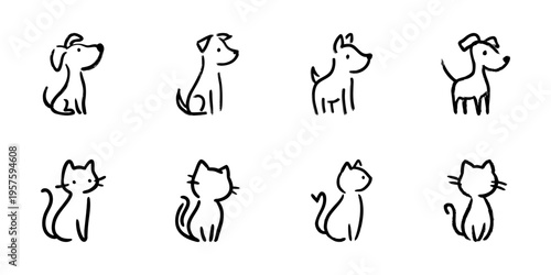 Cute Dog And Cat Icons In Hand Drawn Style Set. Pet Companionship, Animal Lovers, Feline And Canine Doodle Sketch Collection. Adorable Pet Illustrations. Isolated Vector Illustration