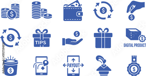 Digital Monetization and Financial Transaction Icon Set featuring Tip Jars, Payout Systems, Wallet Transfers, Gift Rewards, and Digital Product SalesPrint