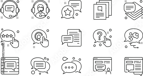 Customer Support and Help Desk Icon Set featuring Service Headsets, Star Ratings, FAQ Interactivity, and Technical Documentation Symbols