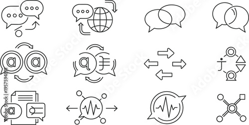 Global Networking and Data Exchange Icon Set featuring Language Translation, Server Syncing, Message Routing, and Digital Communication Waves