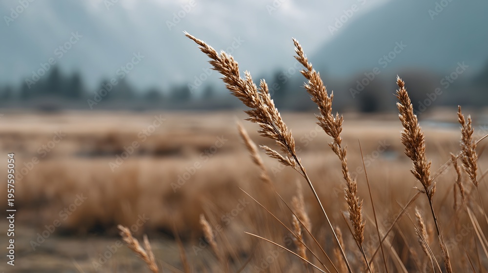 Fototapeta premium Close up of golden dry grass stalks in a serene misty landscape with mountains in the background