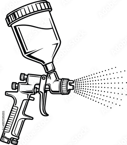 Black-and-white vector illustration of spray gun with paint container, trigger, and mist spray pattern for automotive, industrial, and home design.