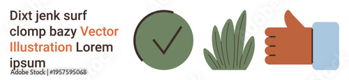 Nature, approval, feedback systems, environment, positive reinforcement, verification symbol. Green checkmark, grass and a hand with thumbs-up gesture. Feedback systems and positive reinforcement