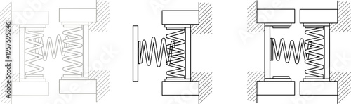 Vector illustration of mechanical spring–mass systems showing rigid blocks, vertical springs, and horizontal connections for vibration and dynamics analysis.
